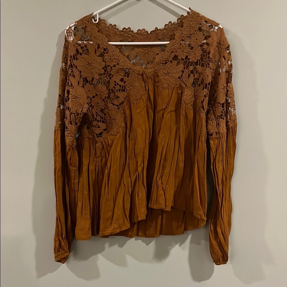 Free People Lina Lace Top in Bronze, Size XS